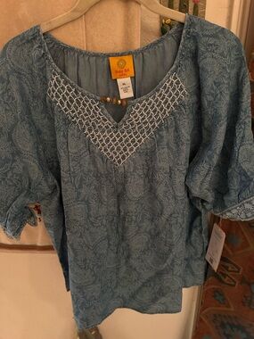 Ruby Rd. Light Blue Floral Smocked V-Neck Tunic